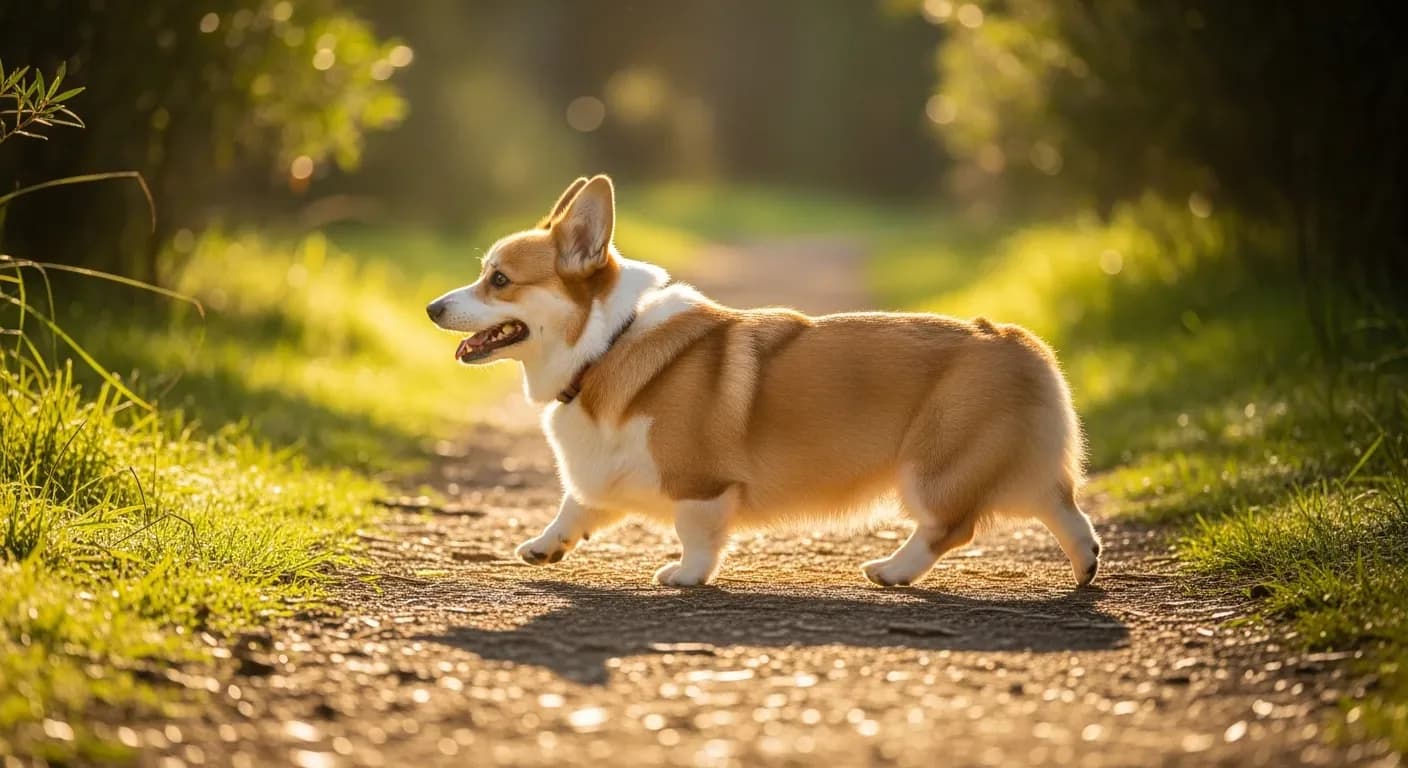 Pembroke Welsh Corgi trotting on a park path, showing energy and mobility