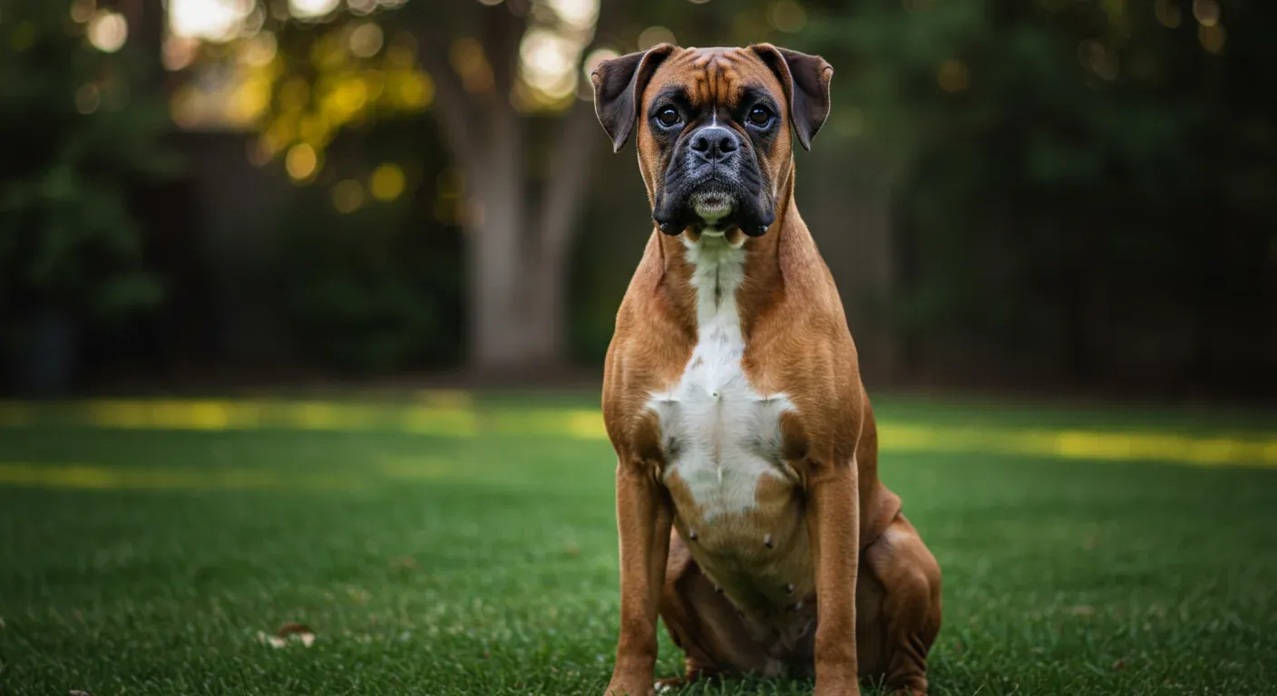 A healthy fawn Boxer dog with a shiny coat sitting centered in a grassy Australian backyard, demonstrating good skin and coat health as discussed in the article about preventing and treating Boxer skin issues