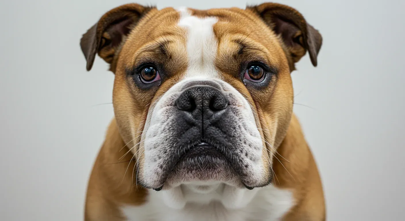Close-up of an English Bulldog's face showing the prominent eyes and flat facial features that make the breed prone to eye problems, photographed in a veterinary setting