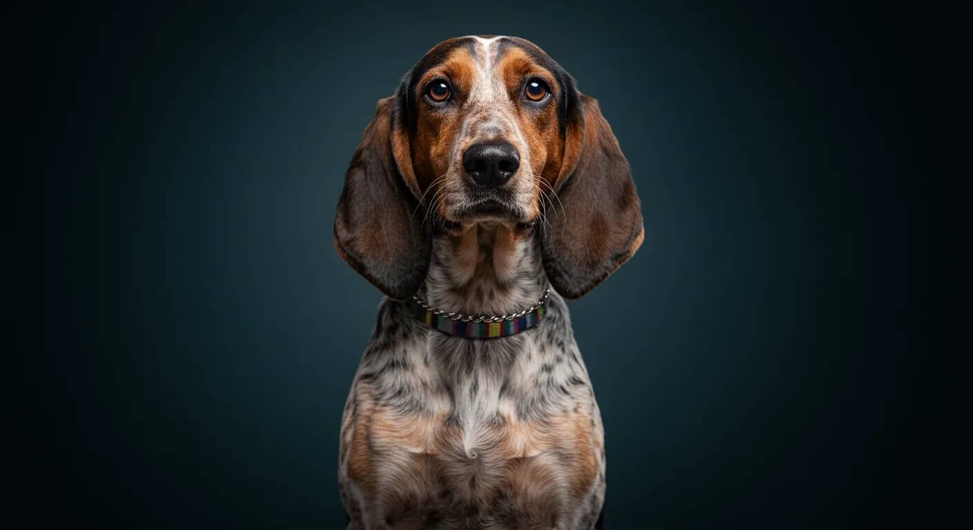 Portrait of a healthy Treeing Walker Coonhound sitting in a veterinary clinic, representing the article's focus on health management for this breed