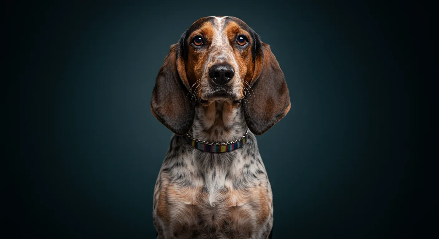 Portrait of a healthy Treeing Walker Coonhound sitting in a veterinary clinic, representing the article's focus on health management for this breed