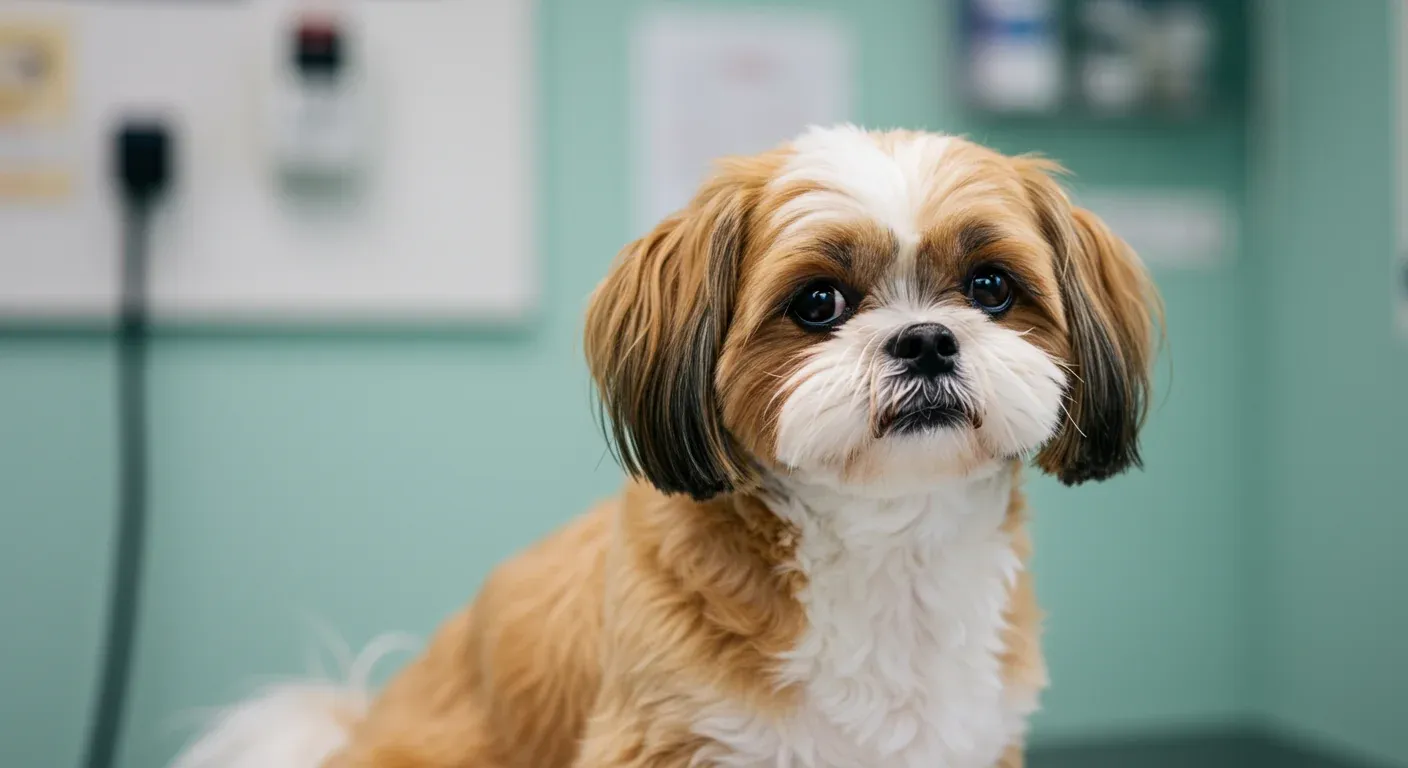 A Shih Tzu dog with prominent floppy ears sitting centered in a veterinary clinic, illustrating the breed discussed in the ear infection article