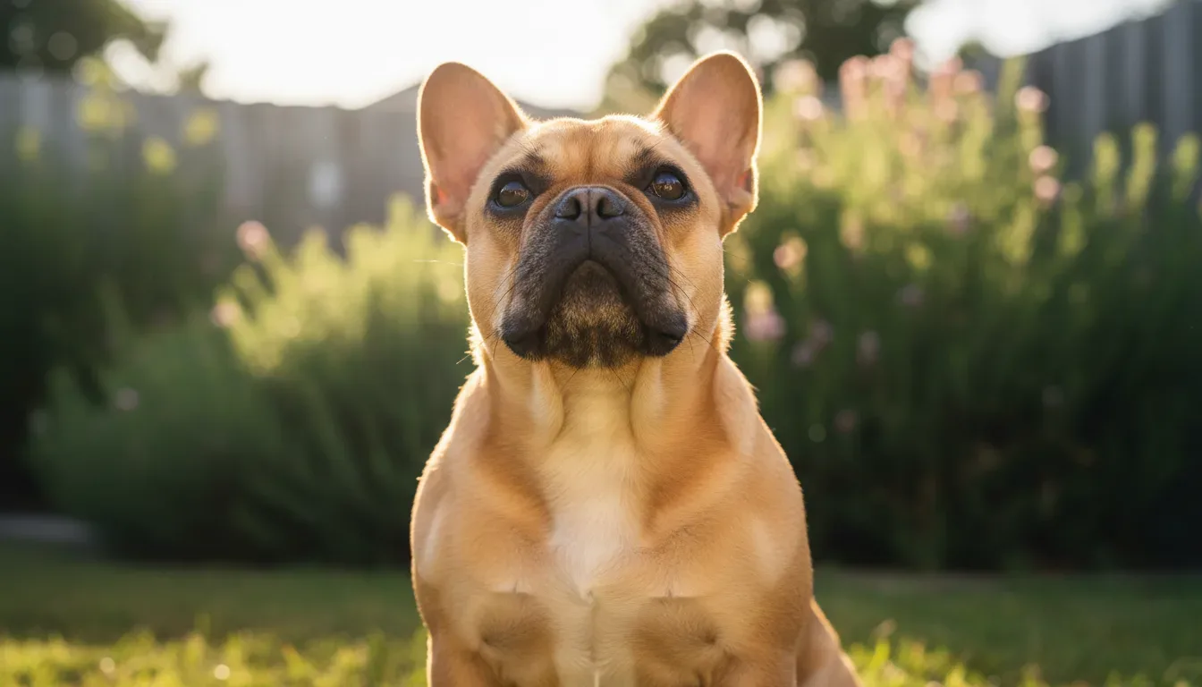 French Bulldog sitting in Australian backyard showing healthy joint mobility