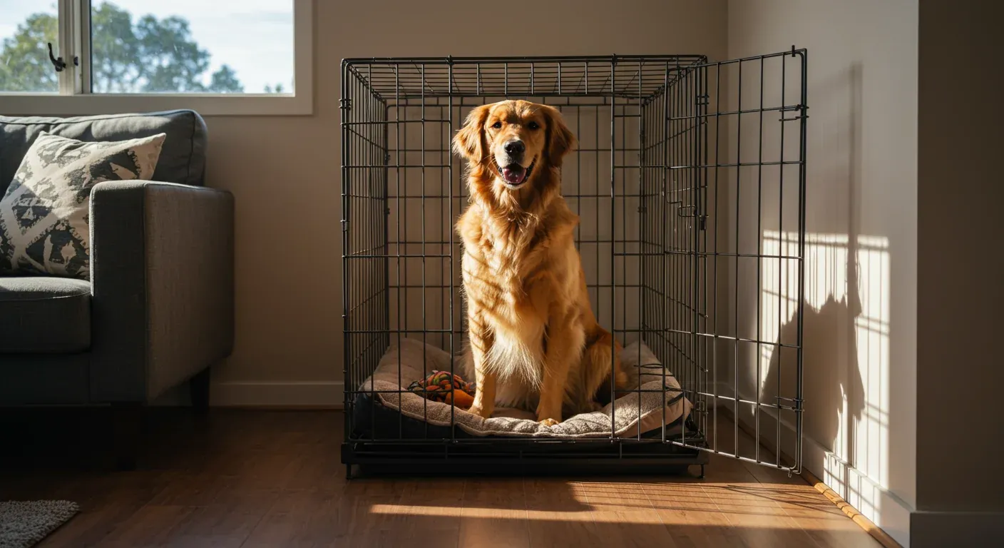 A Golden Retriever sitting peacefully inside an open wire crate, demonstrating successful crate training with the dog appearing comfortable and relaxed in their personal space