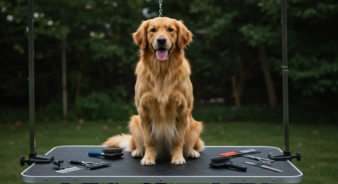 Golden Retriever sitting on grooming table surrounded by essential grooming tools including brushes, combs, and scissors, illustrating the comprehensive grooming toolkit needed for the breed
