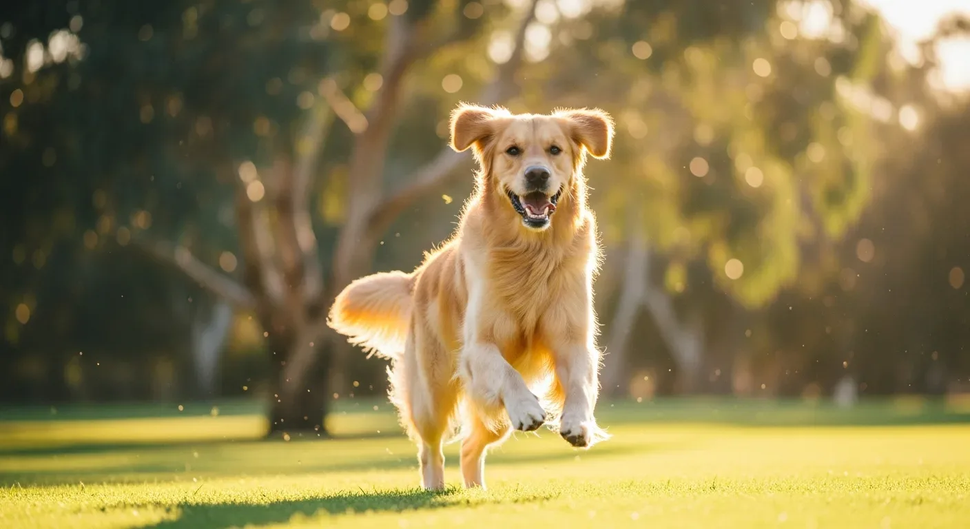 Golden retriever running through an Australian park, showing vitality and good gut health for probiotics article