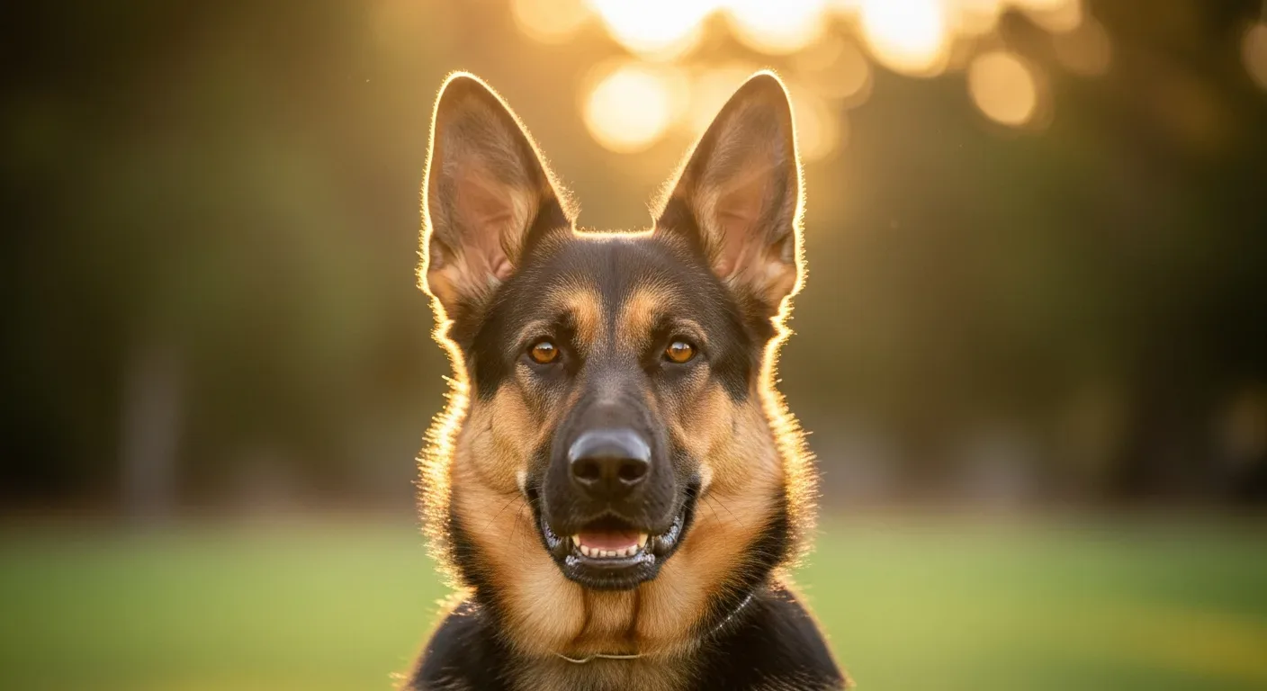 Healthy German Shepherd dog with bright eyes in Australian park