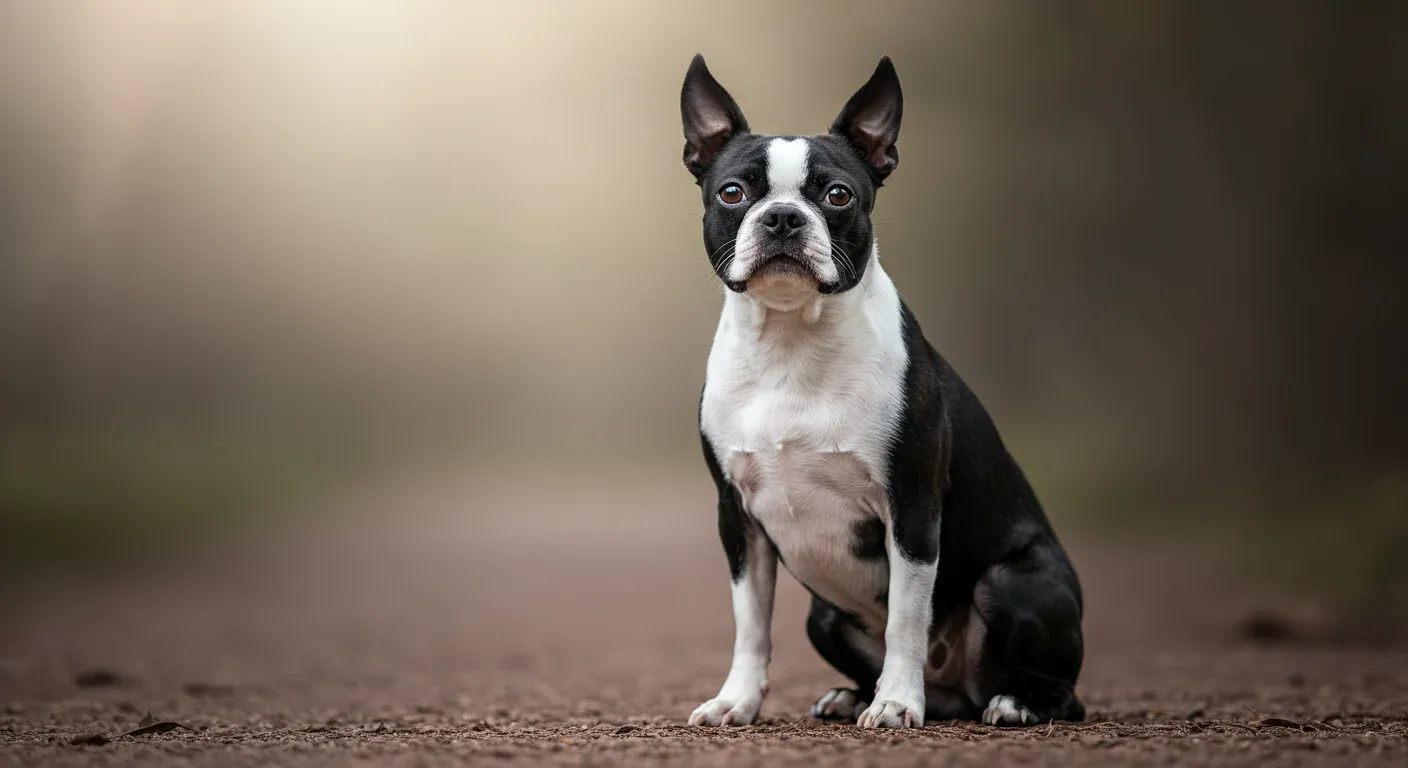 A Boston Terrier sitting calmly with a gentle expression, representing the breed's naturally friendly nature that can be maintained through proper training and socialization