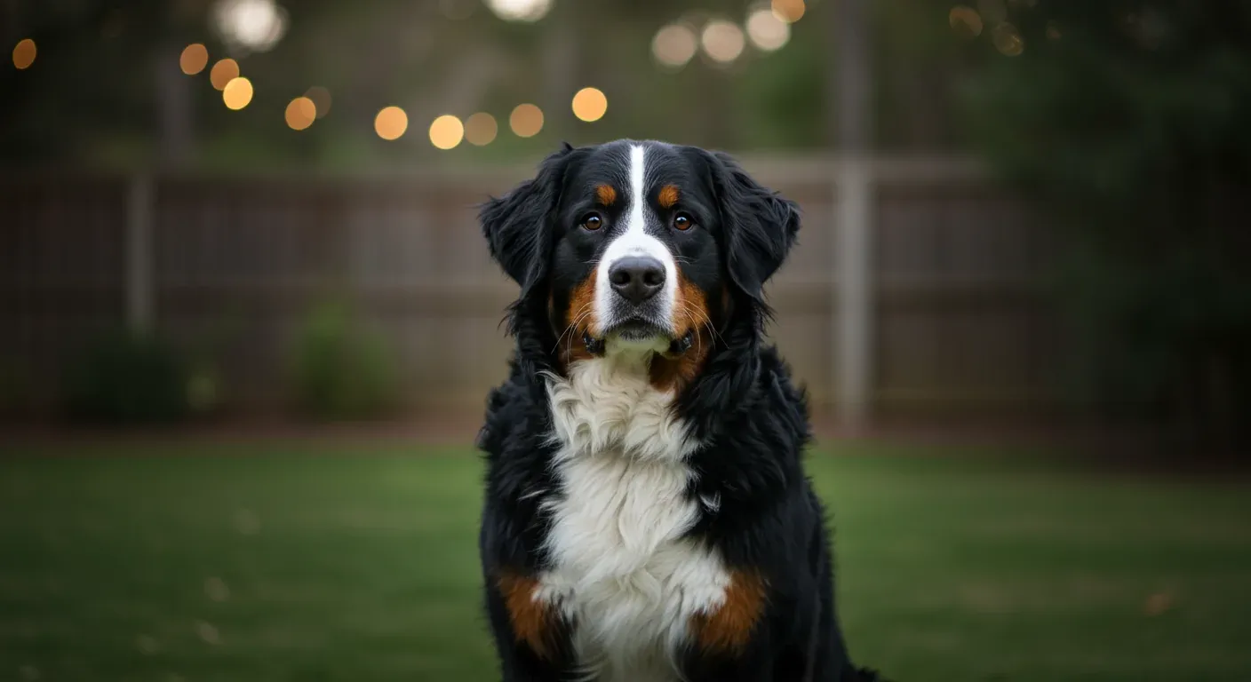 A large Bernese Mountain Dog with black, brown and white markings sitting calmly in a backyard, representing the gentle nature of the breed discussed in the aggression management article