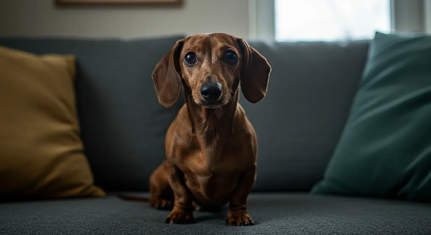 A worried-looking Dachshund sitting on a sofa looking directly at the camera, representing the emotional challenges of separation anxiety in this breed
