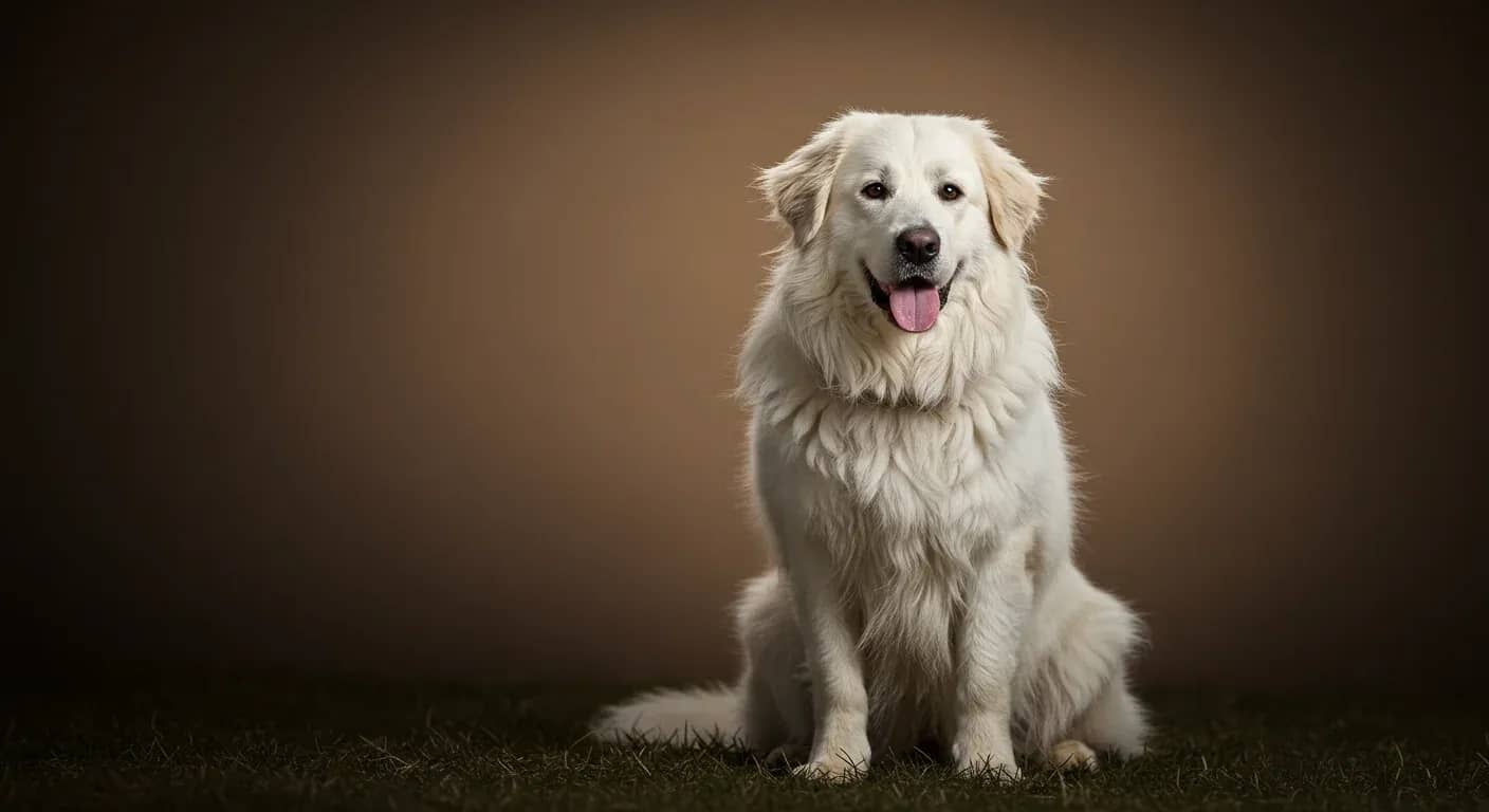 Adult Komondor dog with characteristic white corded coat sitting in centered portrait pose, demonstrating the breed's distinctive rope-like coat texture that requires specialized grooming care