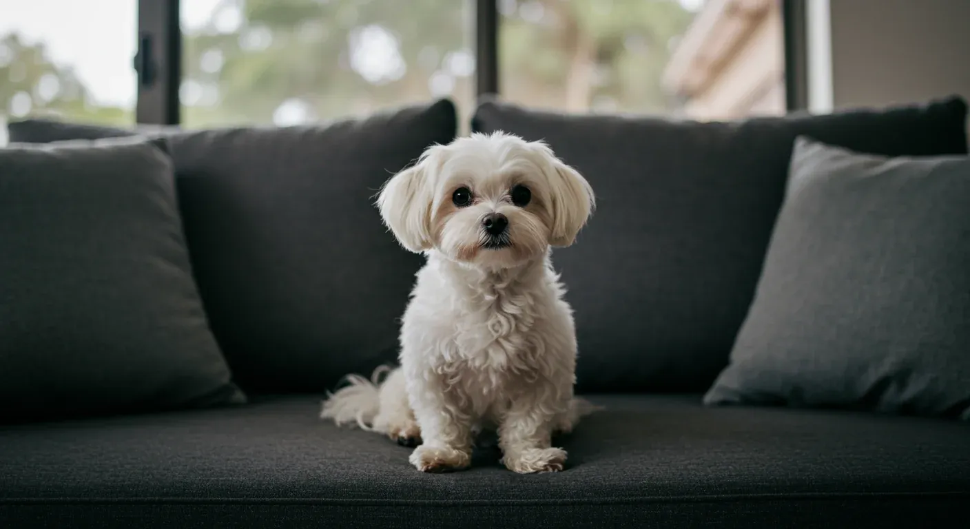 A white Maltese dog with an anxious expression sitting centered on a sofa in a modern living room, illustrating separation anxiety in companion dogs