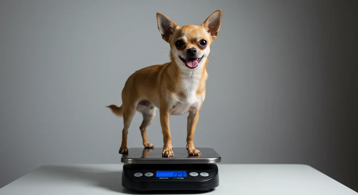 A healthy Chihuahua standing on a digital scale, representing the importance of weight monitoring for this small breed's health management