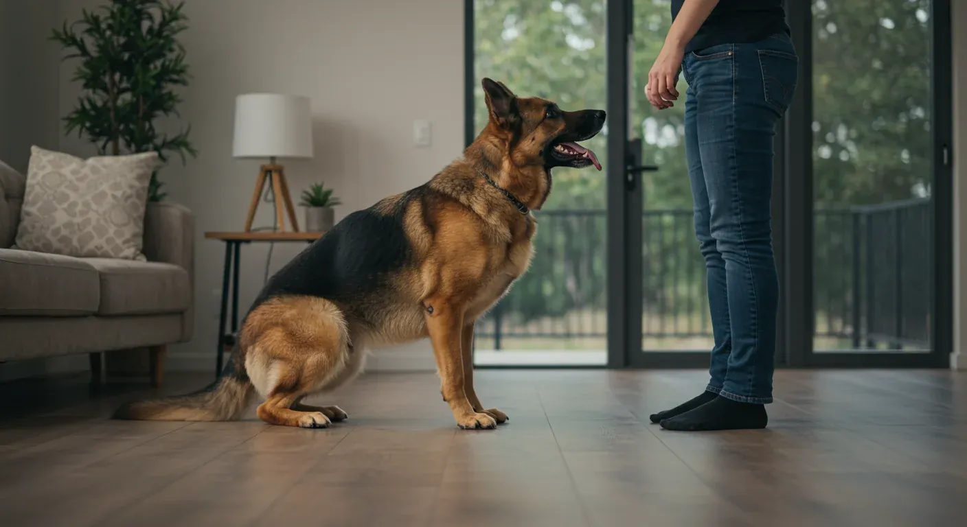 German Shepherd standing calmly on the ground while greeting a person, demonstrating proper non-jumping behavior in a home setting