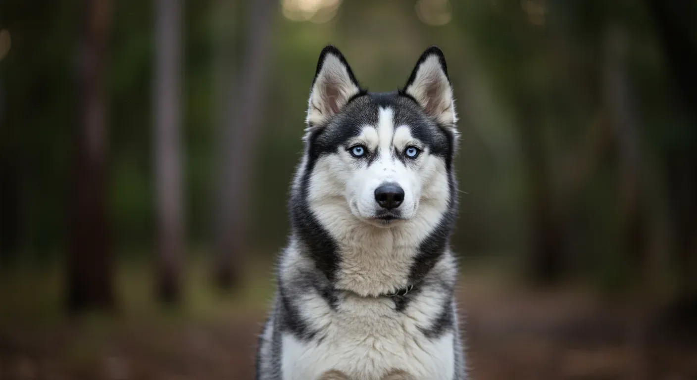 A Siberian Husky with blue eyes sitting centered in frame, displaying the breed's intelligent and independent expression that reflects their challenging but rewarding training nature