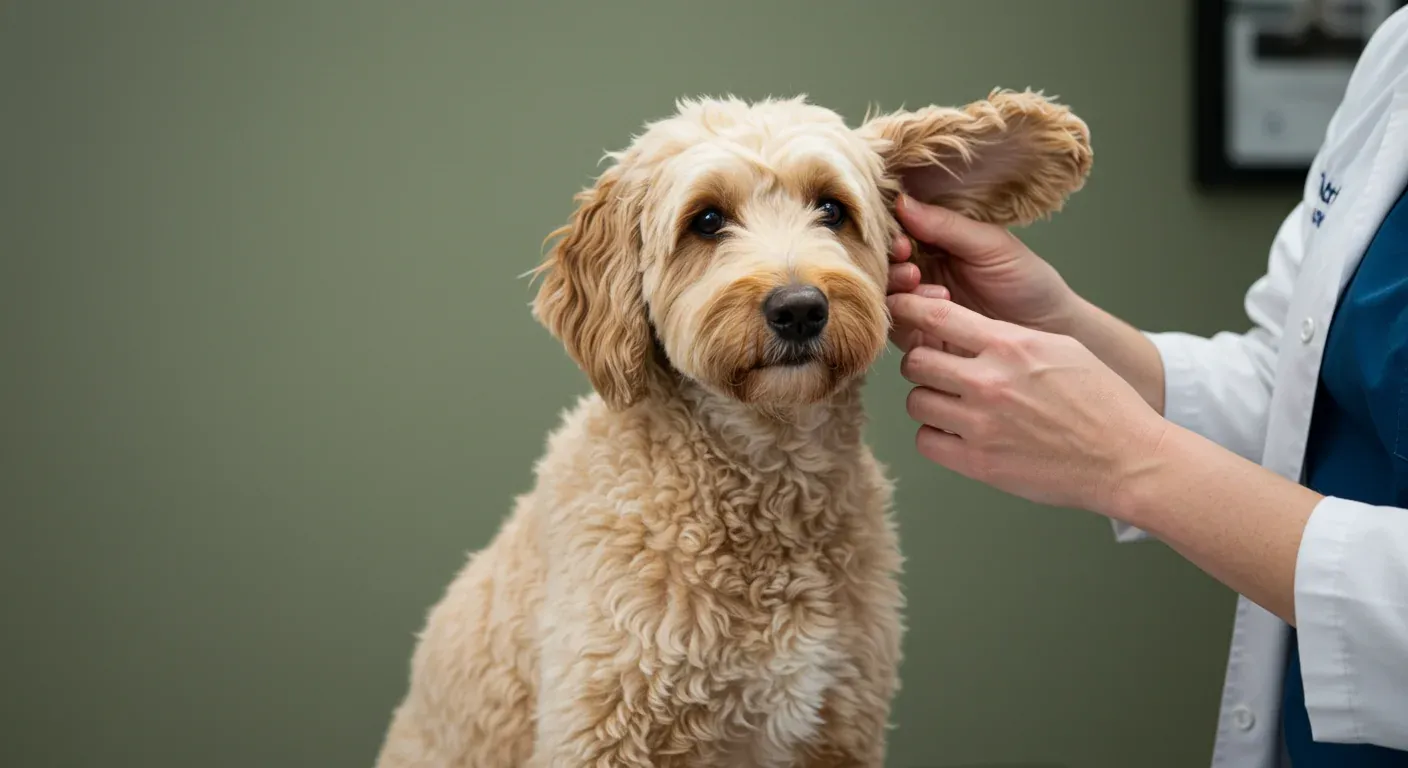A Goldendoodle having its ears examined by a veterinarian, illustrating the breed's predisposition to ear infections and the importance of professional care