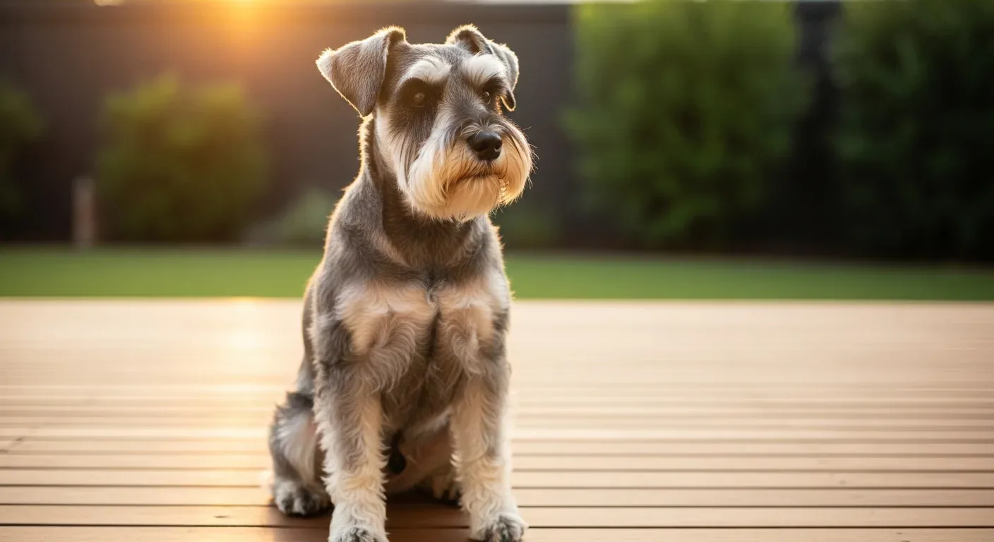 Miniature Schnauzer sitting in a sunny Australian backyard, illustrating the breed lifespan and healthy senior years