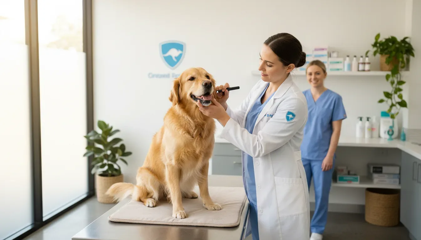 Golden retriever having teeth examined at an Australian veterinary clinic, dental health check