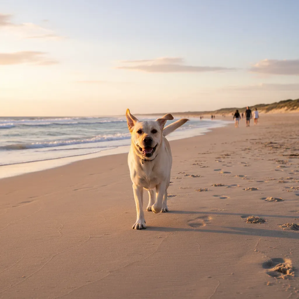 Yellow Labrador Retriever walking along an Australian beach, joint health