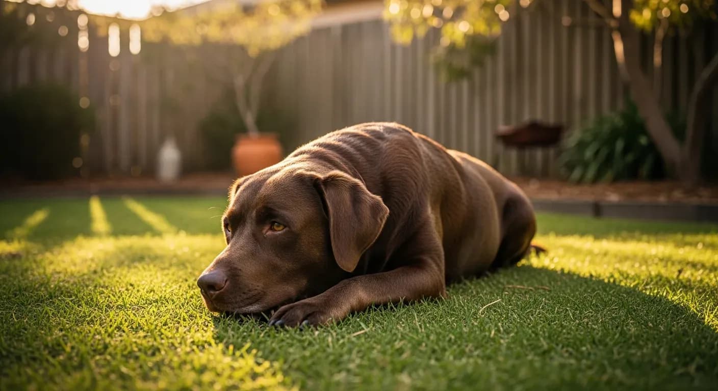 Chocolate Labrador Retriever resting calmly in a sunny Australian backyard, supporting daily calming supplements