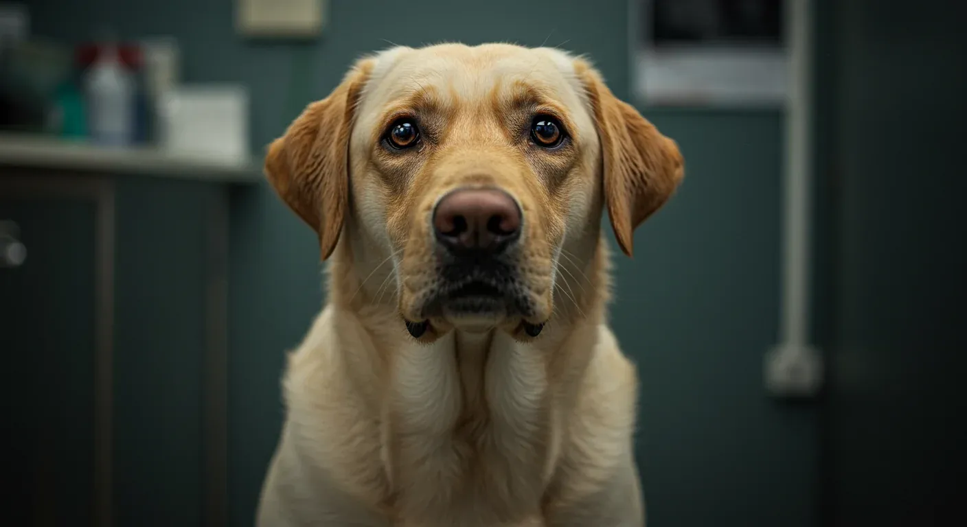Close-up portrait of a yellow Labrador Retriever looking directly at camera with a gentle, slightly worried expression, representing dogs affected by allergies