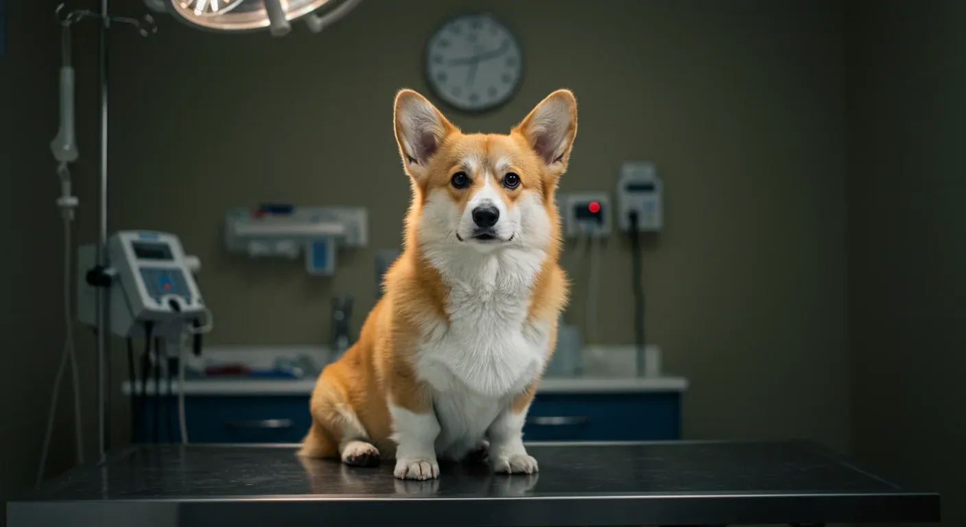 A healthy Pembroke Welsh Corgi sitting on a veterinary examination table, representing the importance of proactive health monitoring and veterinary care for this breed