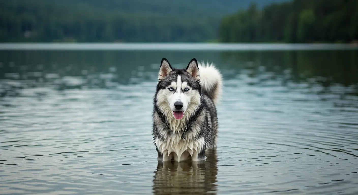 A Siberian Husky standing confidently in shallow lake water, demonstrating the breed's potential for water activities despite not being natural swimmers