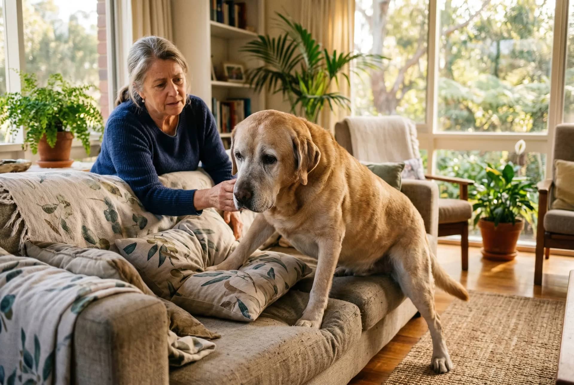 Senior Labrador rising stiffly from couch showing joint stiffness