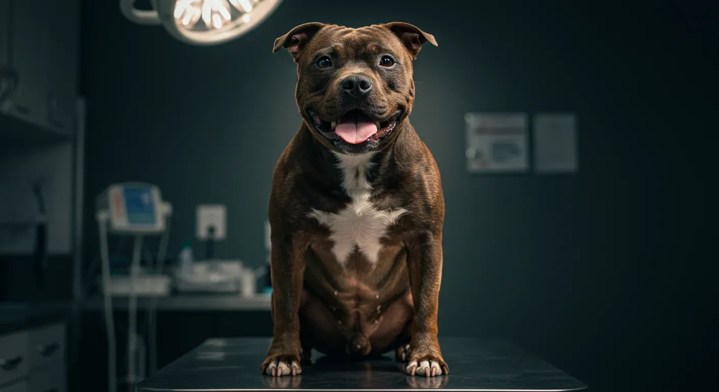 A healthy Staffordshire Bull Terrier sitting centered on a veterinary examination table, representing the importance of proactive health monitoring and veterinary care for the breed's common health issues