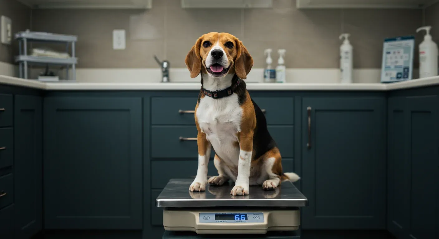 A healthy Beagle sitting on a veterinary scale in a clean, modern clinic setting, representing proper weight management and veterinary monitoring for the breed