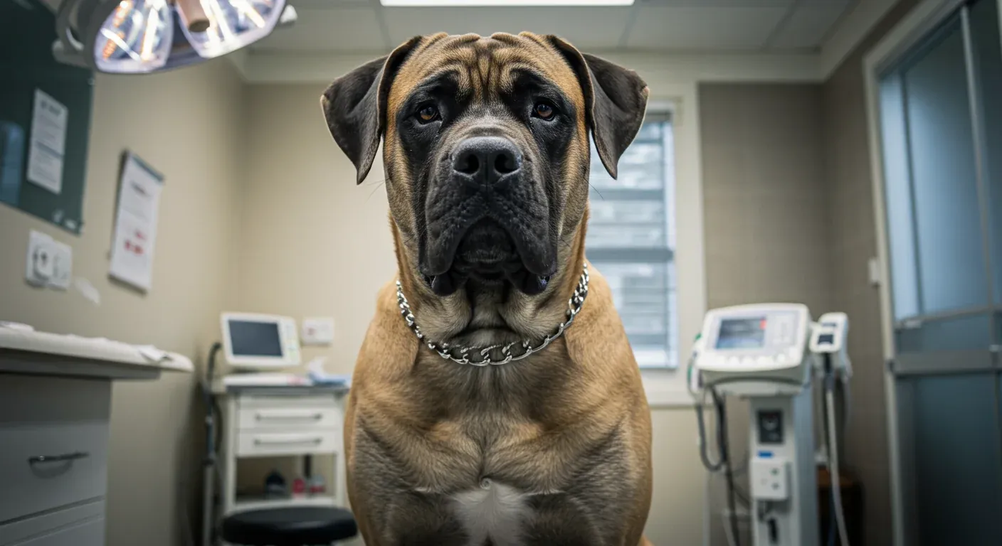 A large English Mastiff sitting in a veterinary examination room, representing the breed's health challenges and the importance of professional medical care