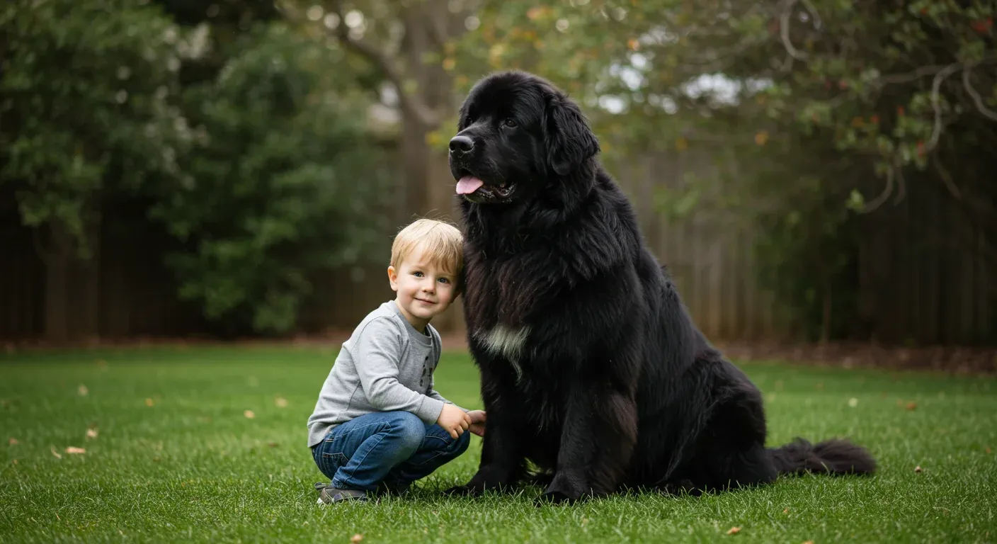 A gentle black Newfoundland dog sitting patiently beside a young child in a backyard, demonstrating the breed's famous protective and nurturing temperament with children
