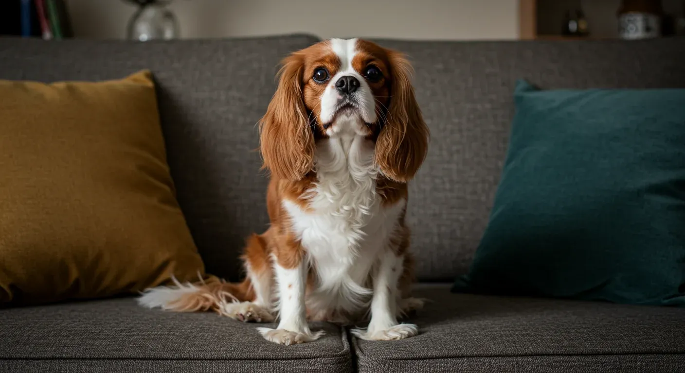 A Cavalier King Charles Spaniel sitting on a sofa displaying the breed's characteristic friendly and gentle expression, illustrating their role as affectionate companion dogs