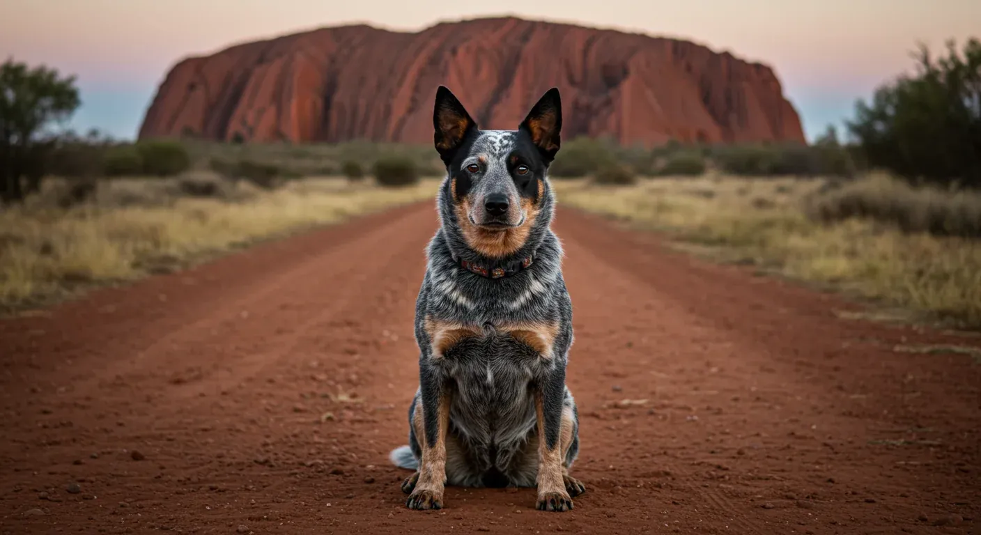 Alert Blue Heeler dog with distinctive blue-speckled coat sitting centered in frame against Australian outback landscape, showcasing the breed's characteristic intense and watchful expression