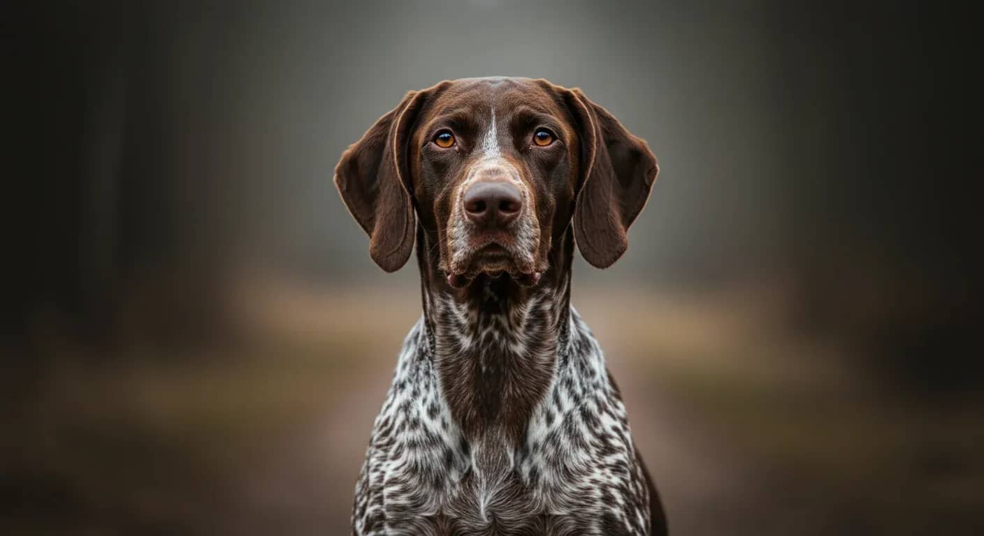 Professional portrait of a German Shorthaired Pointer with distinctive liver and white coat, centered in frame, showcasing the breed's alert and friendly expression that represents their temperament