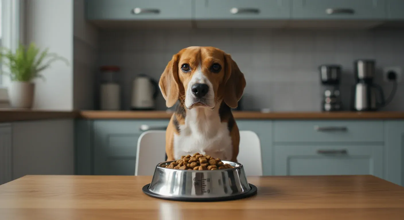 A Beagle sitting at a kitchen table with a measured portion of dog food in a bowl, illustrating proper portion control for the breed's diet management