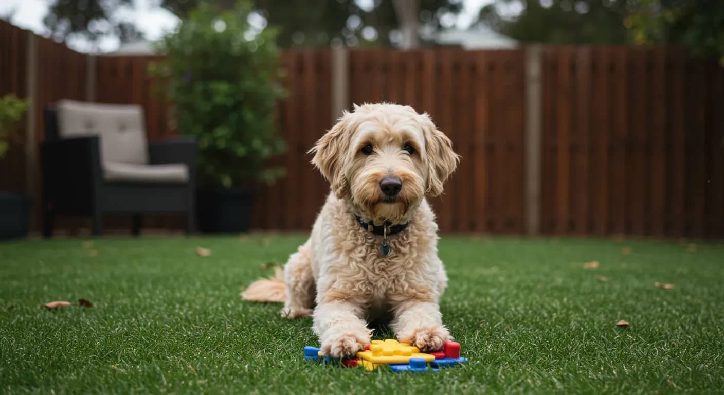 A cream Goldendoodle sitting in a backyard, focused on a puzzle toy, demonstrating the breed's intelligence and need for mental stimulation discussed in the behavioral guide