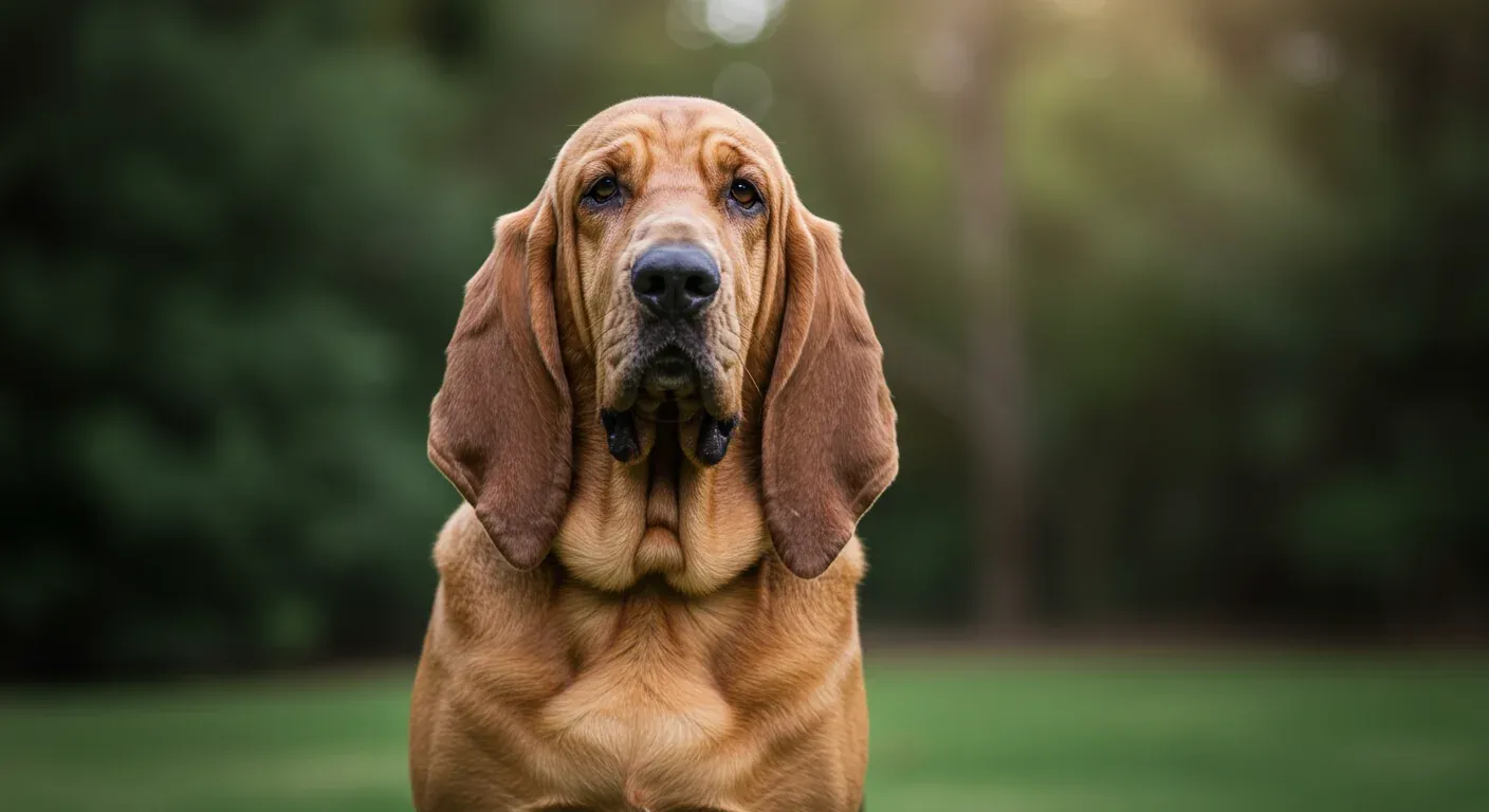 A beautiful Bloodhound sitting centered in an outdoor garden setting, showcasing the breed's distinctive wrinkled face and long ears that contribute to their natural odor characteristics discussed in the article