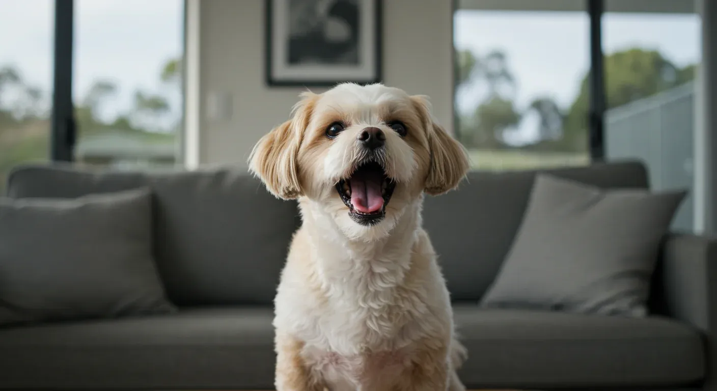 A Shih Tzu dog barking in a living room, demonstrating the vocal communication behavior discussed in the article about understanding why these dogs bark
