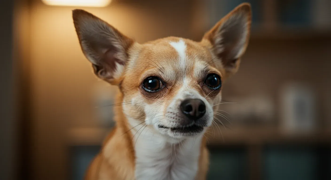 Close-up portrait of a Chihuahua appearing to cough, illustrating the article's focus on understanding canine cough in this breed