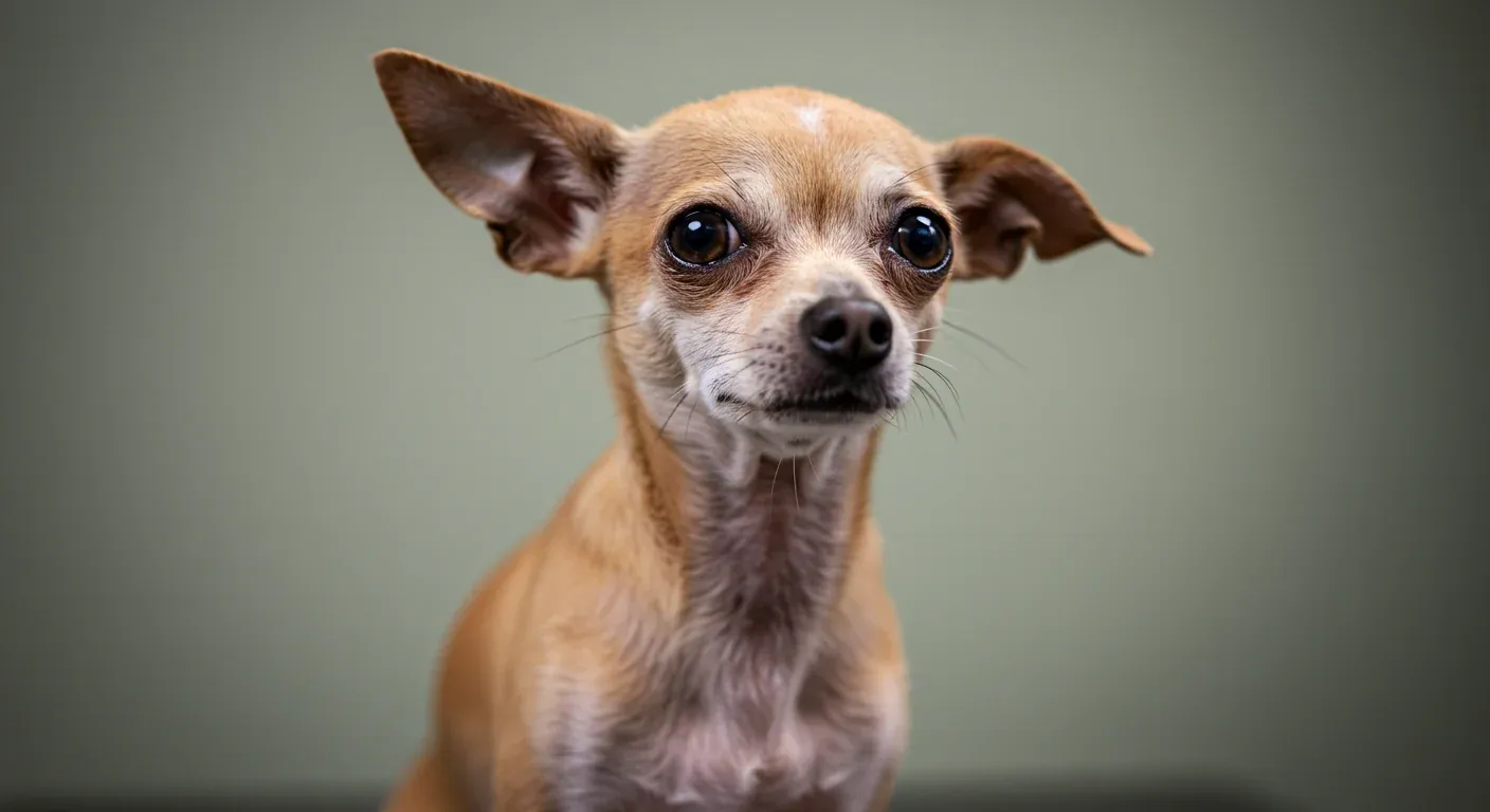 Close-up portrait of a Chihuahua showing hair loss patches on its coat, illustrating the main topic of alopecia in small dogs