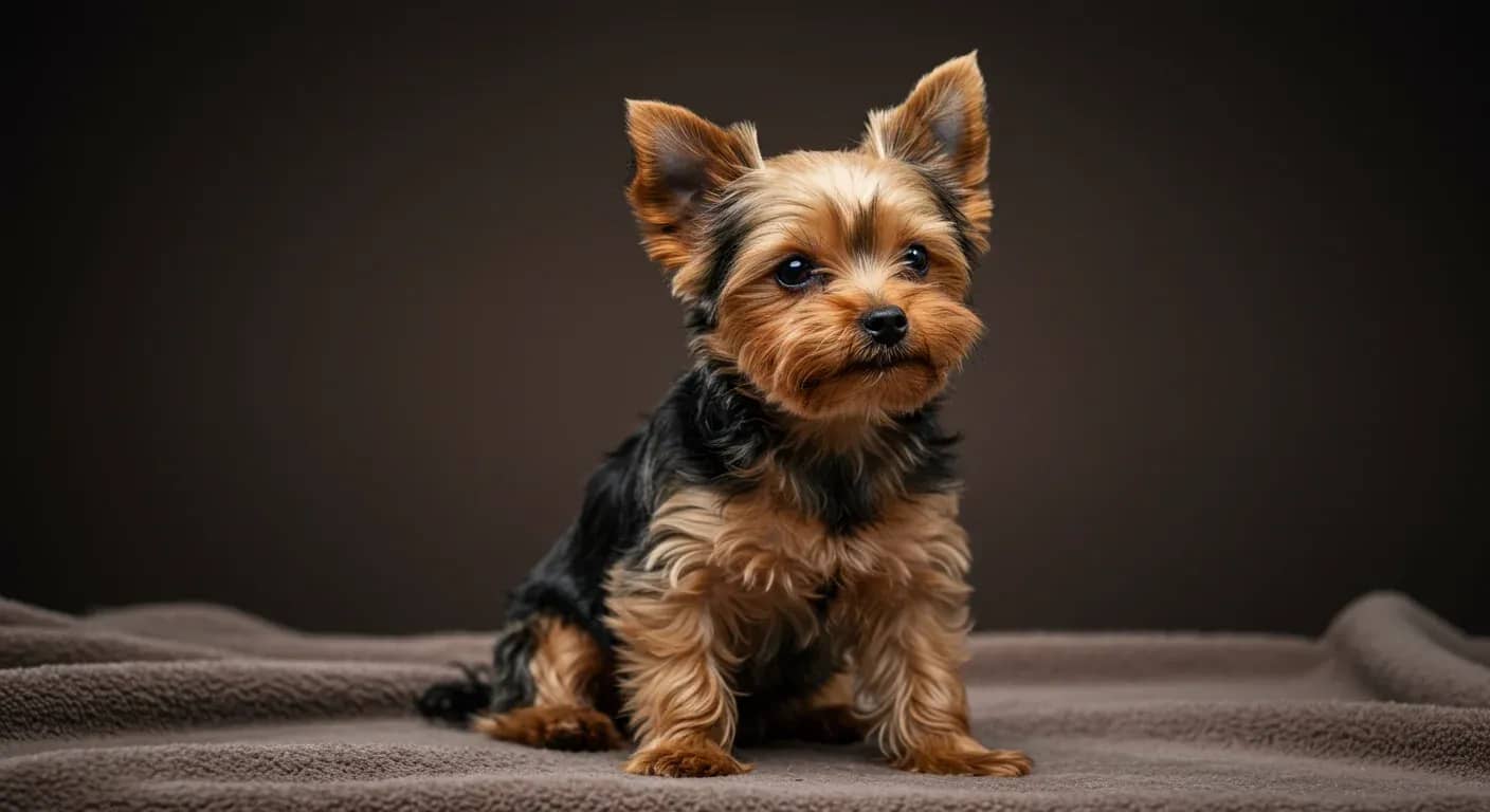 Yorkshire Terrier displaying shaking behavior while sitting on a blanket, illustrating the main topic of the article about why Yorkshire Terriers shake