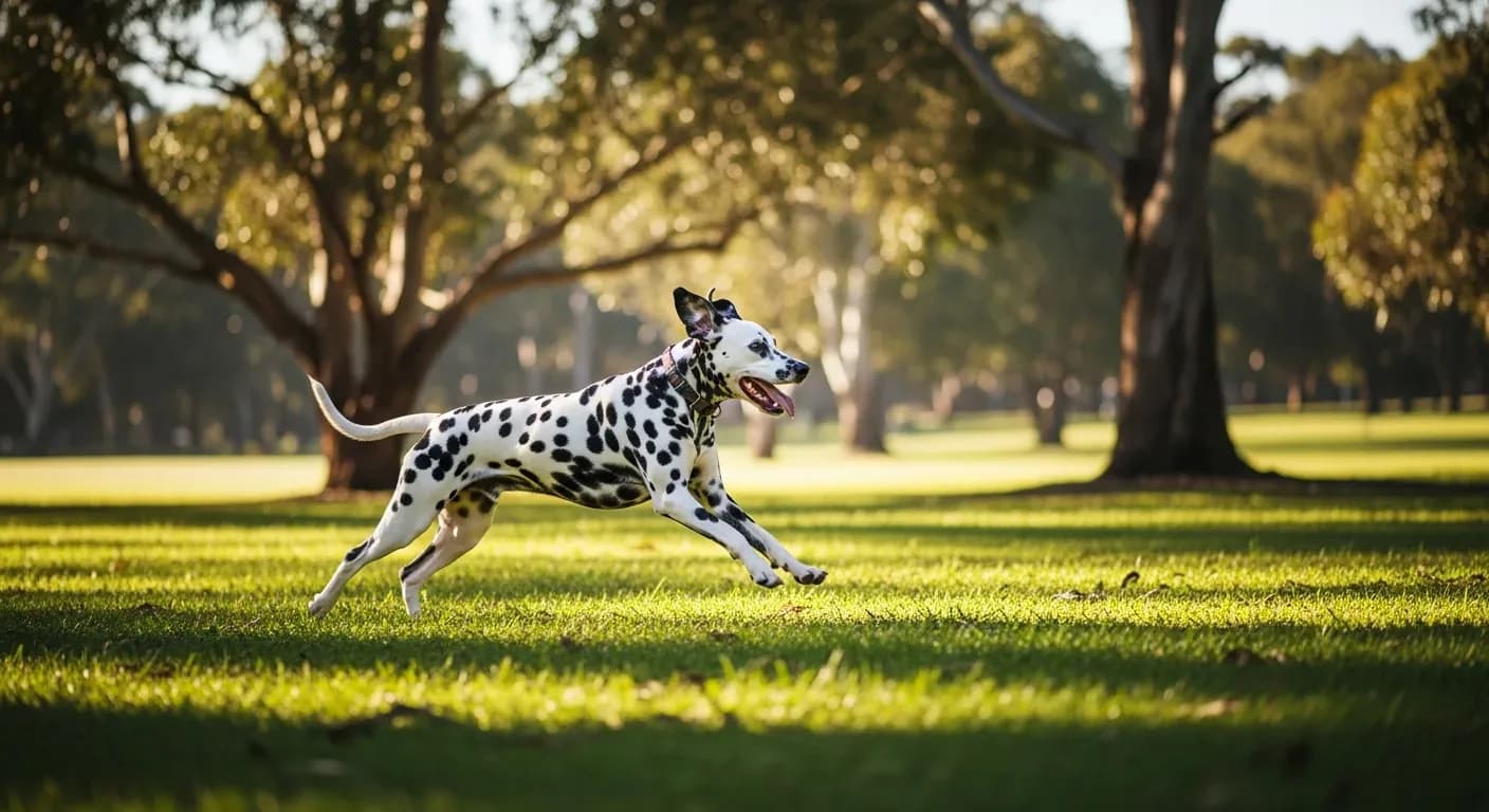Dalmatian running through Australian park showing athletic build and joint health needs