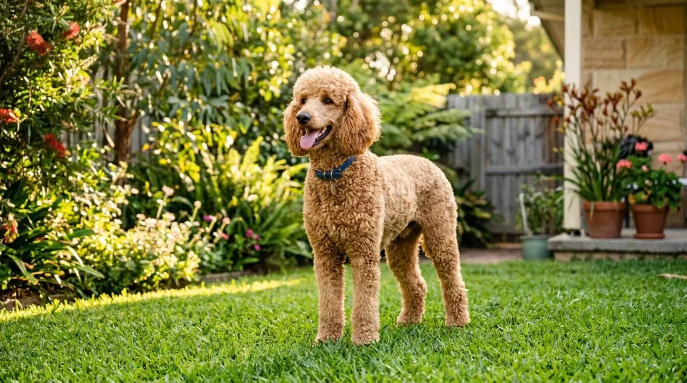 A healthy Standard Poodle in a sun-drenched Australian backyard.