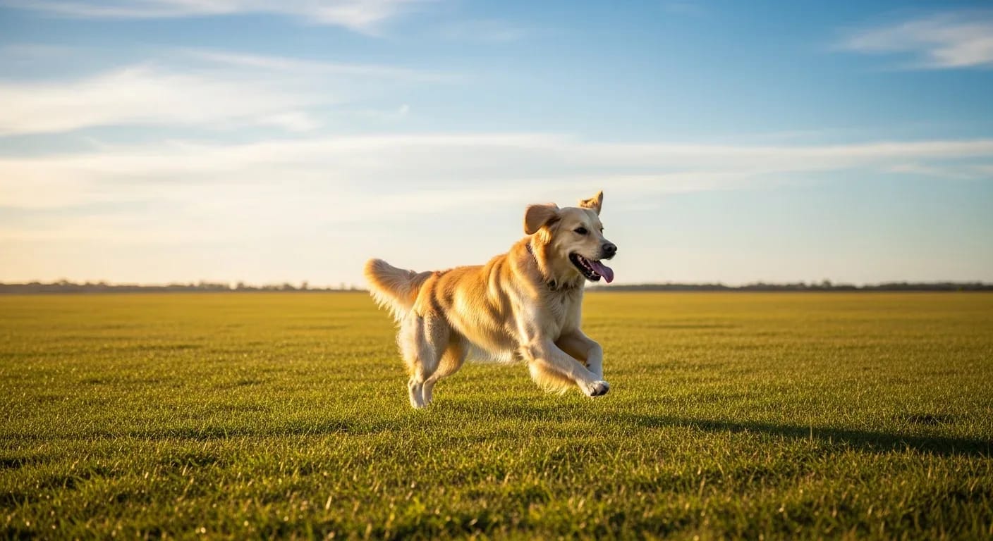 Golden Retriever running freely across a sunny Australian park - large breed dog joint health