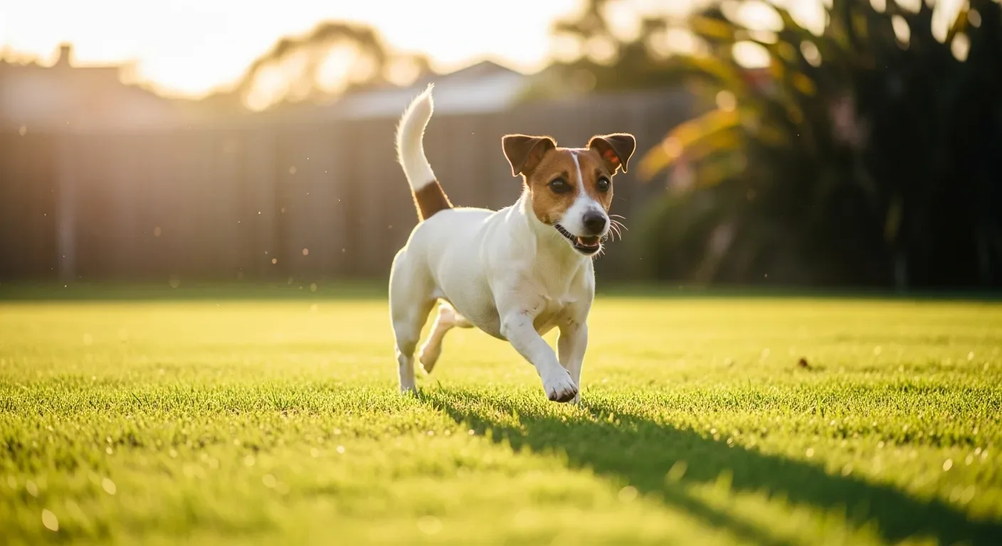 Jack Russell Terrier running energetically in an Australian backyard at golden hour, showing the breed's natural vitality