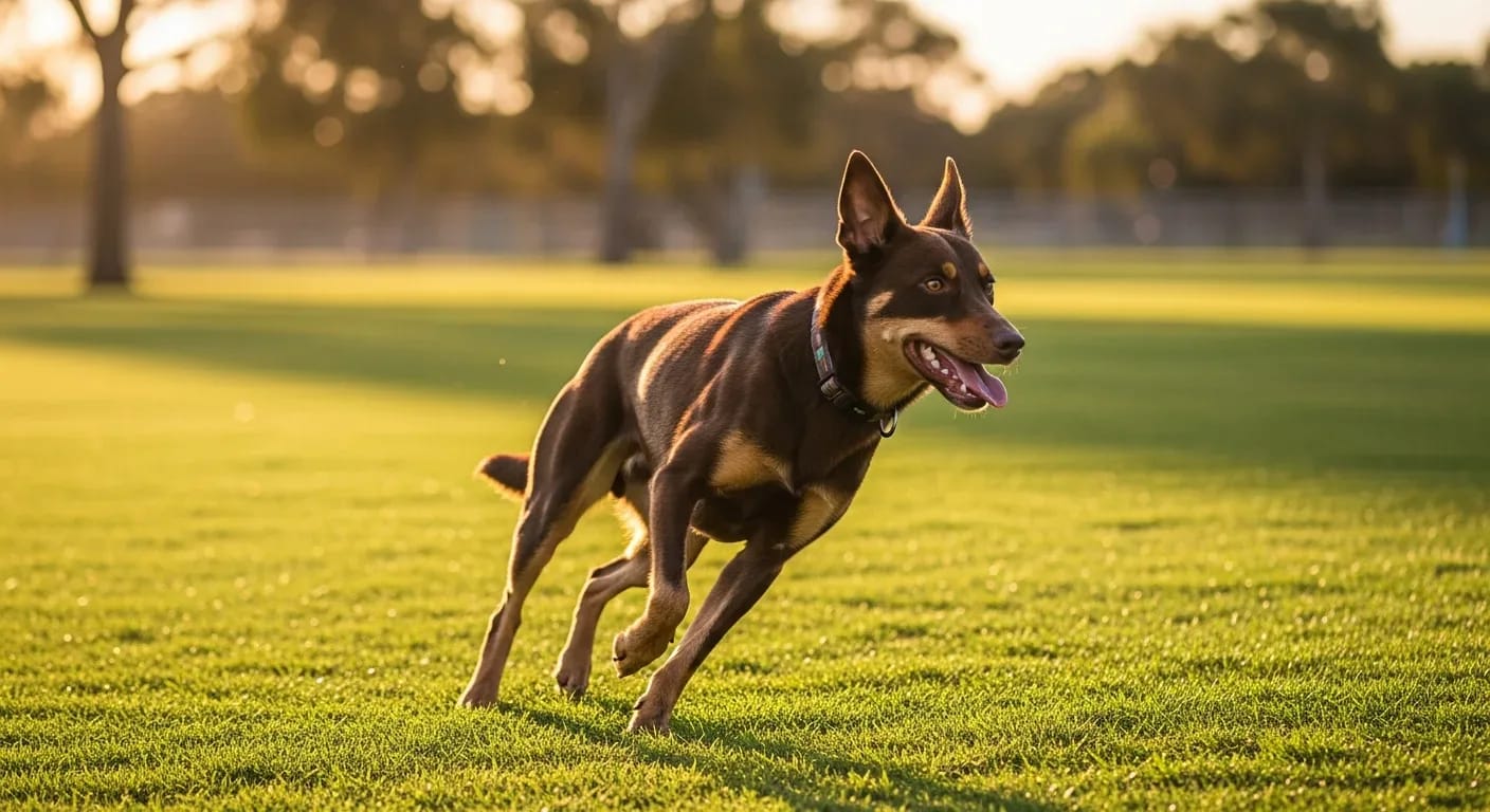 Australian Kelpie running at full speed across a green park, showcasing the breed athleticism and energy