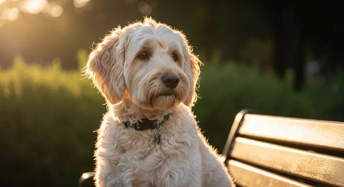 Labradoodle sitting calmly in an Australian park, calming supplements for dogs