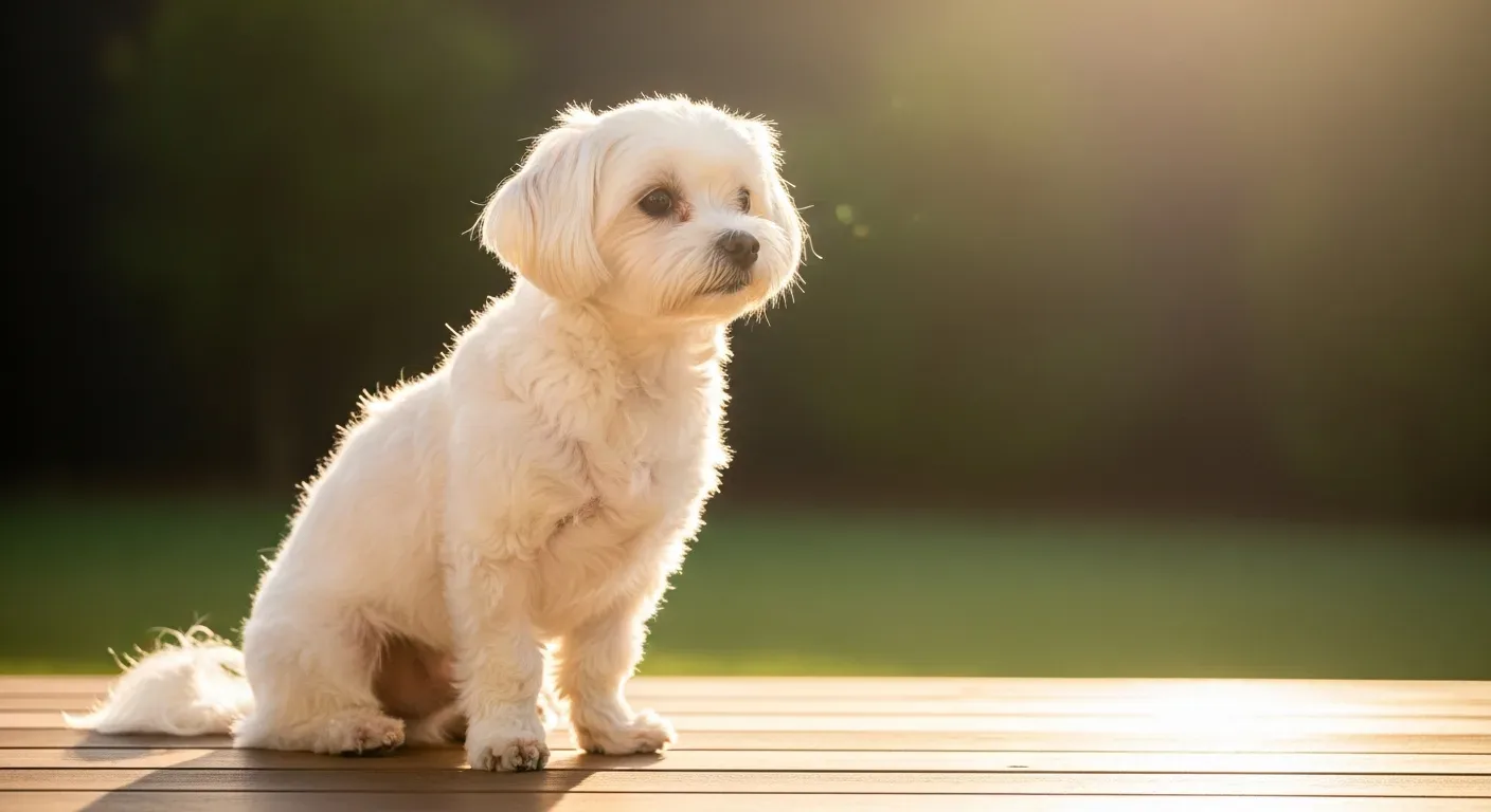 White Maltese dog sitting in a sunny Australian backyard, illustrating daily probiotic care for Maltese