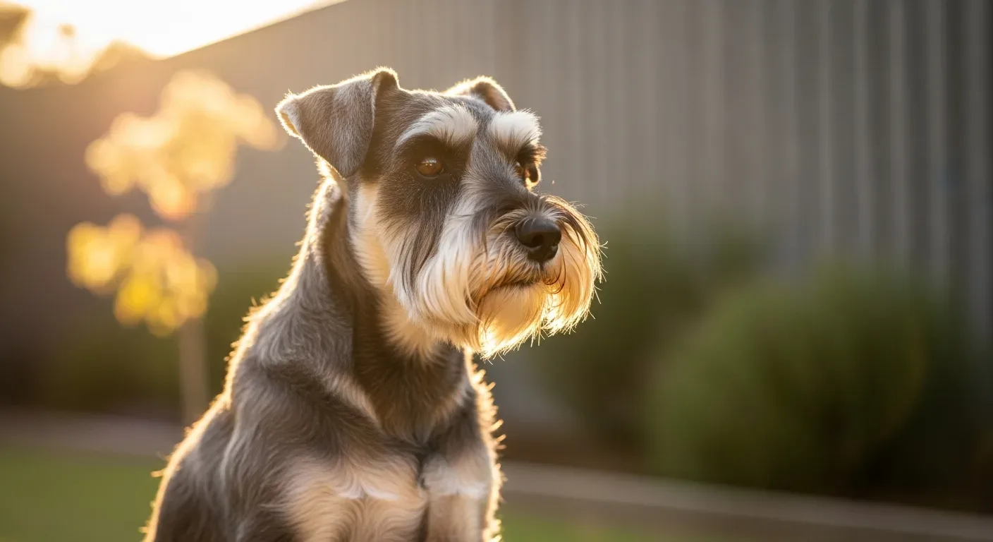 Miniature Schnauzer sitting alertly in a sunny Australian backyard, bright-eyed and curious with wiry coat visible